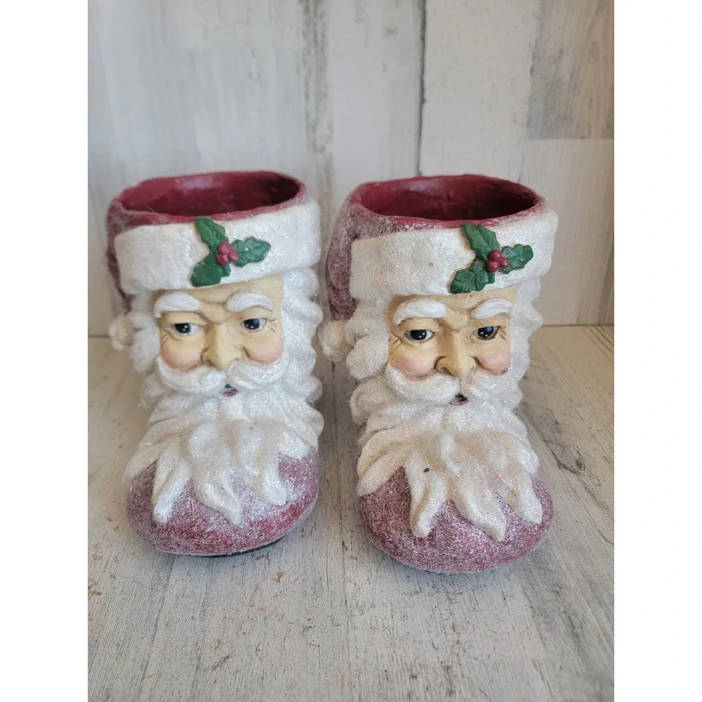 vintage Raz paper mache sugared Santa Claus boot shoes unique set glitter Xmas